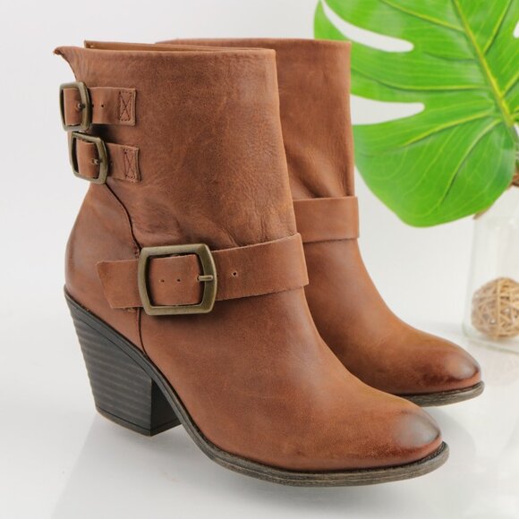 Lucky Brand Womens Tommie Boot Size 9.5 Brown Leather Block Heel Booties Buckles - Picture 1 of 12